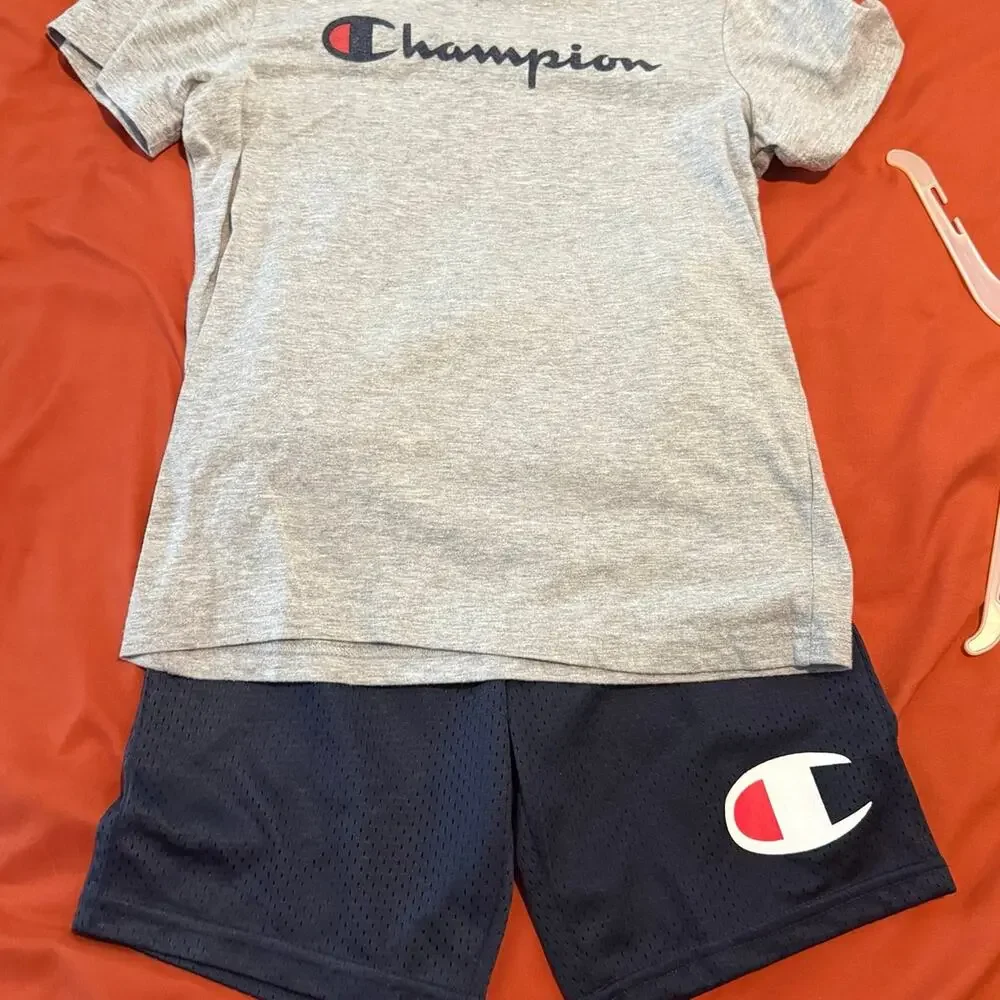 Champion Boys Size 7 Gray Logo T-Shirt & Navy Mesh Shorts 2-Piece Outfit